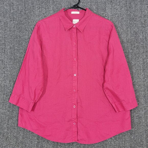 Chicos 2 Shirt Womens L Fuchsia 100% Linen No Iron Button Up 3/4 Sleeve Blouse - Picture 1 of 16